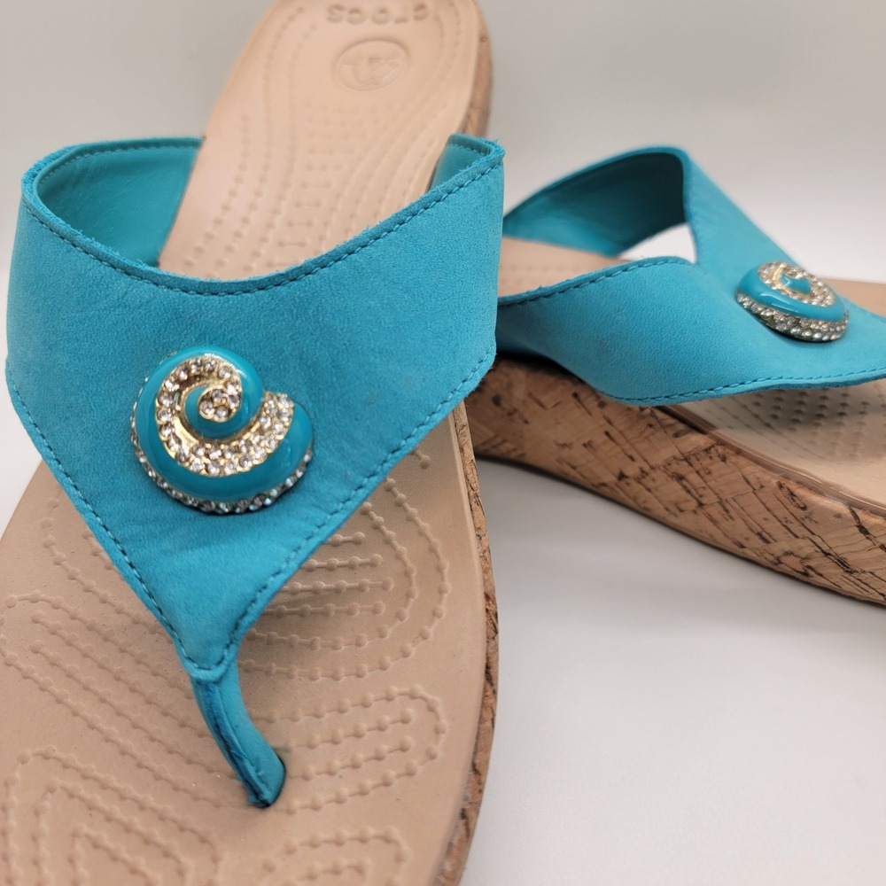 Crocs A-Leigh Jewel Wedge Flip Flops Women 7 Turquoise Leather Rhinestone Sandal - Picture 3 of 11